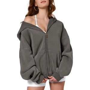 Dnzzs Womens Zip Up Hoodie Oversized Acid Wash Sweatshirts Heavyweight Fall Fashion Outfits Casual Jackets Winter Clothes (X-Large, Grey)