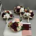Ling's moment Artificial Bridesmaid Bouquets Set of 4,Marsala Wedding Flower Bouquets White Floral Bouquet Blush Bridal Bouquets with Ribbon,Ceremony,Anniversary,7-inch Diameter (Red-marsala & Cream)