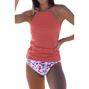 Beachsissi Womens Tankini Ruched Design Tummy Control Bathing Suits (Medium, Coral)