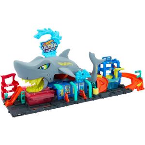 Hot Wheels City Track Set, Ultra Shark Car Wash with 1:64 Scale Color Reveal Toy Vehicle, Repeat Color-Change Feature, Storage