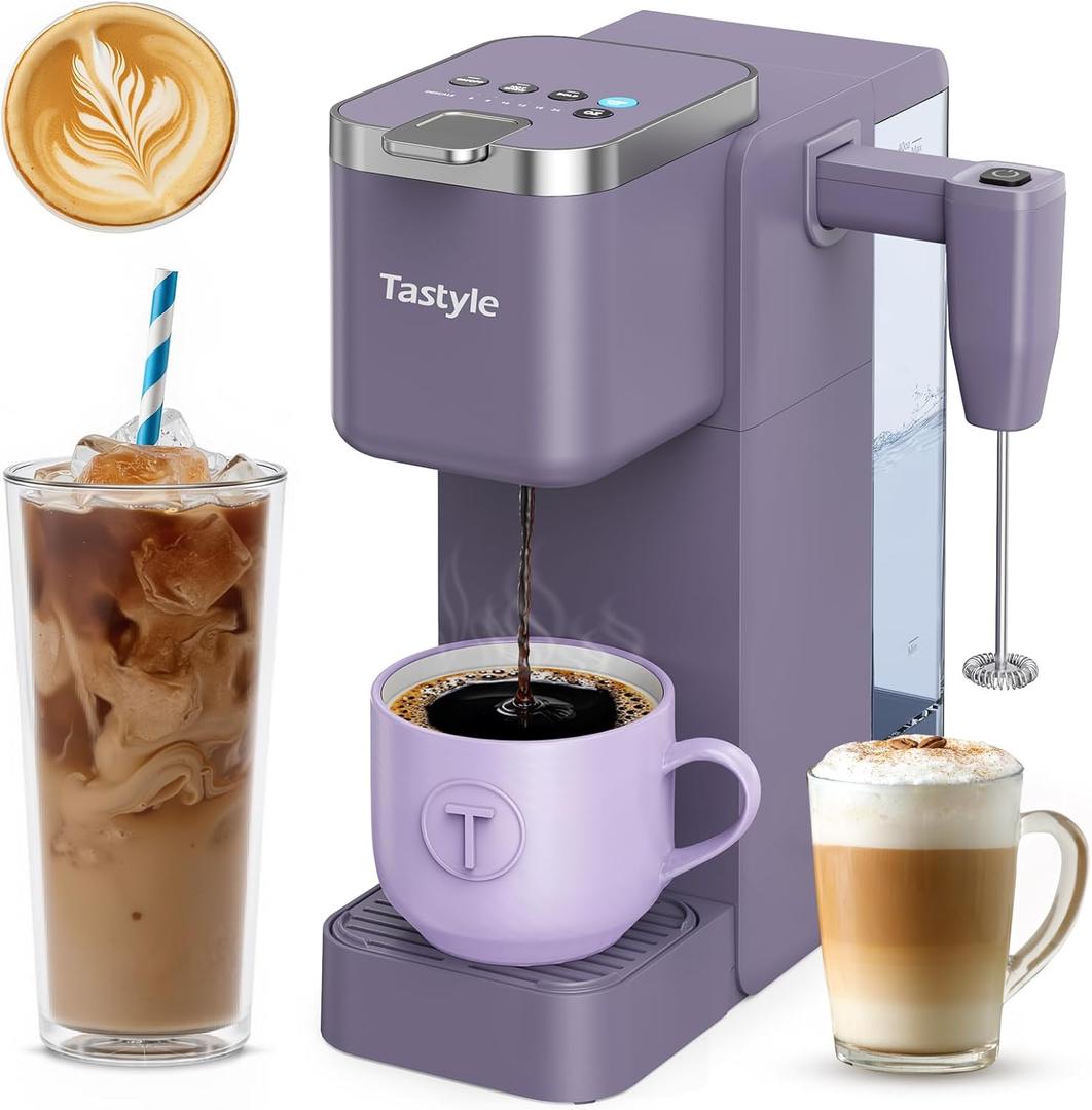 Single Serve Coffee Maker with Built-in Detachable Milk Frother, Iced and Hot Coffee Machine for K Cup & Grounds, 40oz Removable Water Reservoir, 6 Cup Sizes, Fits 7.3" Travel Mug, Purple