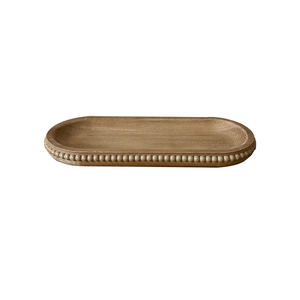 Wooden Farmhouse Decorative Tray, 12in Rustic Beaded Tray for Living Room Decor, Kitchen Table Décor, Oval Coffee Table Serving Tray (Natural)