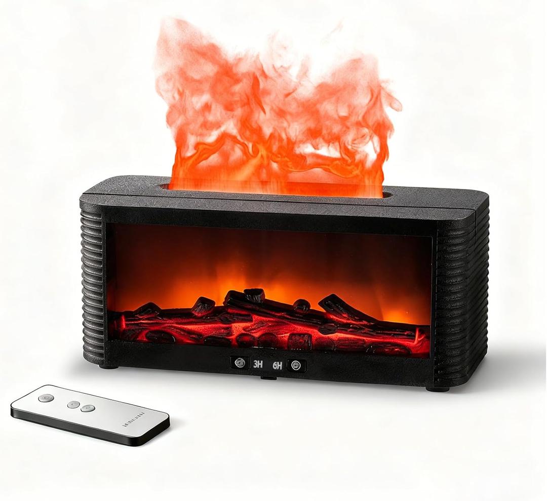 Fireplace Flame Aromatherapy Diffuser, 250ml Ultrasonic Cool Mist Humidifier with Remote Control, 7 Colors Firelight Essential Oil Diffuser for Home and Office (Black)