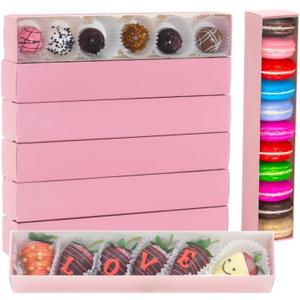 50 Pack 12x2x2 Inches Chocolate Covered Strawberries Boxes For 6 Macaron Boxes Chocolate Truffle Boxes Cookies boxes Bakery Boxes With Clear Window (Pink)