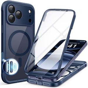 BERFY for iPhone 17 Pro Case, Compatible with MagSafe, Built-in 9H Tempered Glass Screen Protector and Camera Protection, Full Body Shockproof Clear Phone case for 17 Pro 6.3", Deep Blue