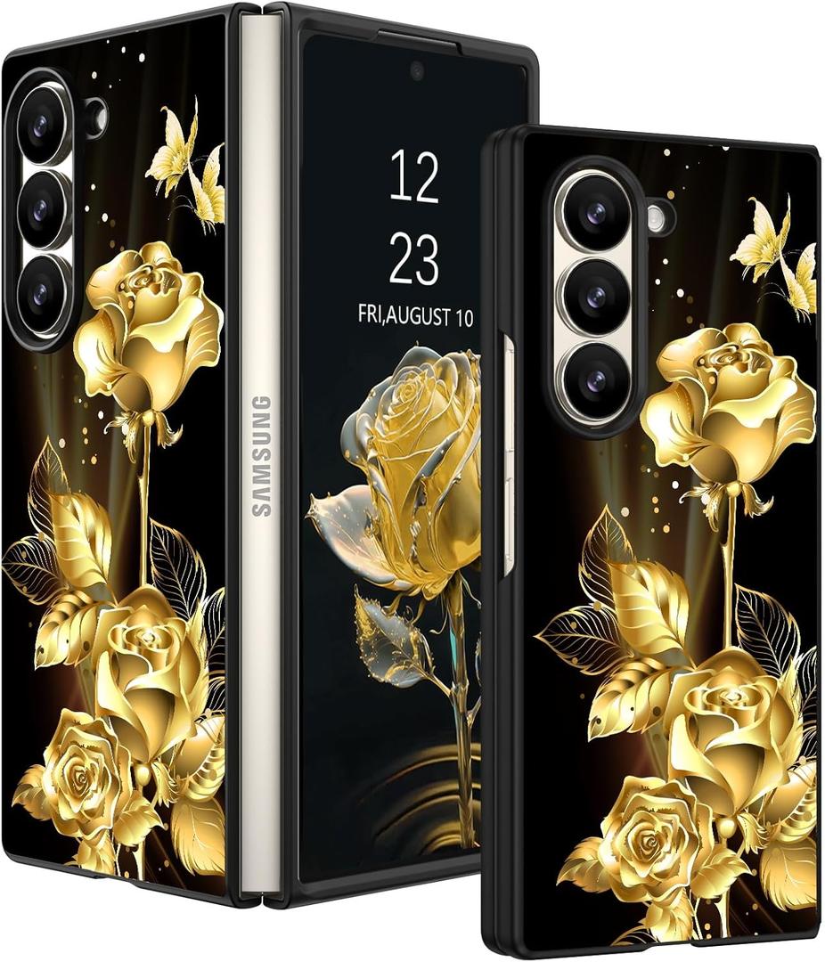 DOMAVER for Samsung Galaxy Z Fold 6 Case Glow in The Dark Stylish Gold Rose Luminous Slim Lightweight Protective Case for Samsung Z Fold6 5G- Gold Rose