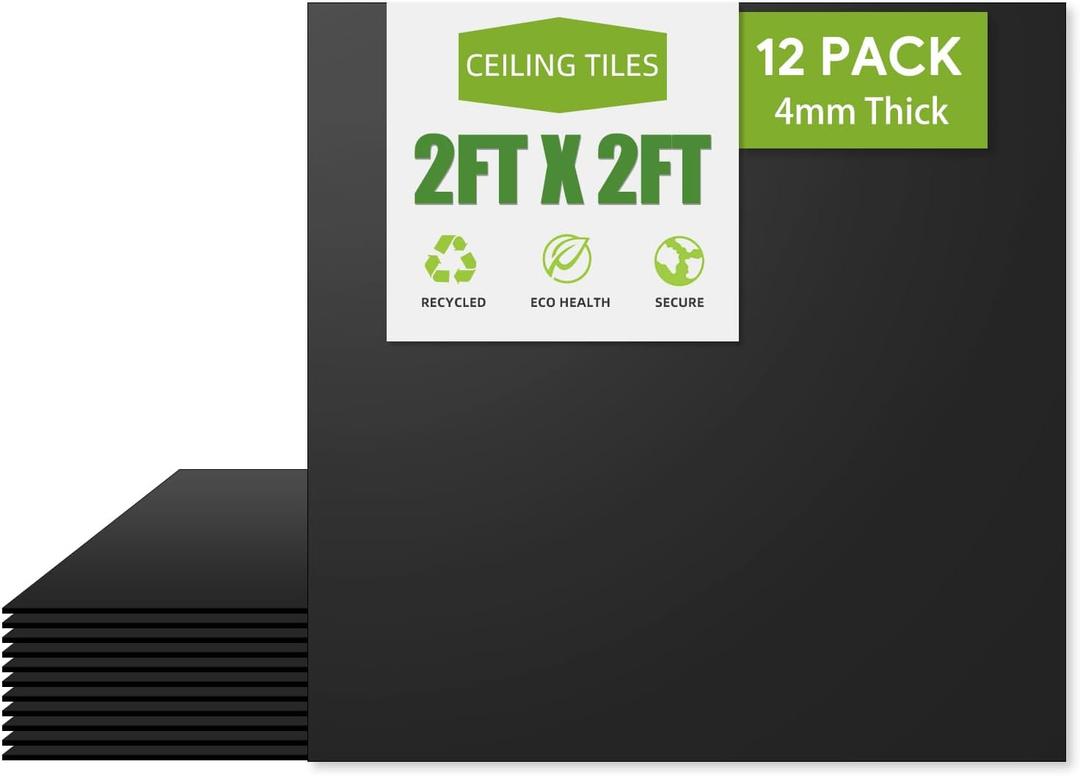 2ft x 2ft Drop Ceiling TilesSmooth Black PVC Ceiling Tiles 24 x 24in. Waterproof, Washable and Fire-Rated - Reusable - High-Grade PVC to Prevent Breakage-Package of 12 Tiles