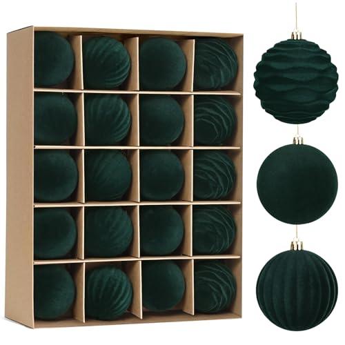 Waipfaru 20Pcs Velvet Ornaments for Christmas Tree, 2.36 Inch Dark Green Velvet Christmas Ornaments Balls Set, Large Shatterproof Flocked Hanging Ornaments for Xmas Tree Wreath Garland Home Decor