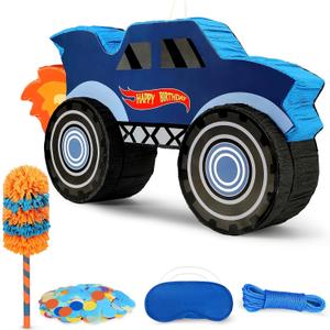 27" Race Car Piata, Monster Truck Pinata Bundle with Blindfold and Bat Party Favors for Kids Boys Exciting Party Games Supplies