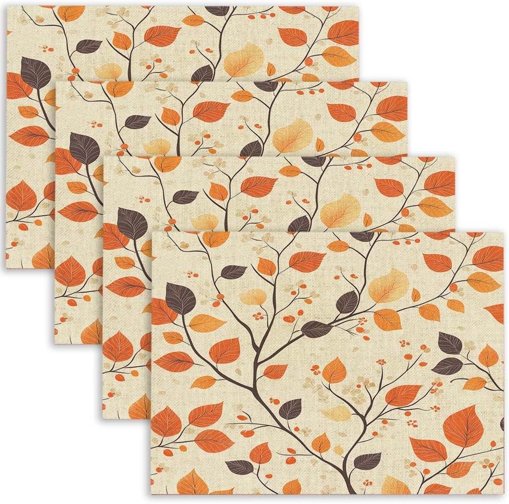 EMMTEEY Fall Placemats Set of 4,18X12 Inch Orange Autumn Leaf Placemats Linen Disposable Table Mats Washable for Kitchen Dining Table Dcor (Maple Leaves-5)