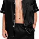 SWOMOG Men Satin Silk Pajamas Sets Short Sleeve Sleepwear Button-Down PJs Sets Two-Pieces Loungewear with Pockets, Size 2XL