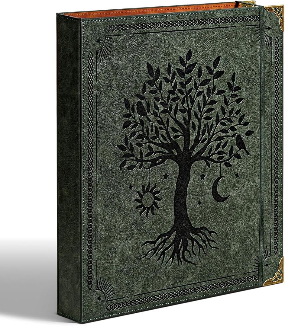 Leather D Ring Binder Fits 8.5"x11" Letter Size Paper, 1.5 Inch D-Ring Binders Holds 400 Sheets, Notepad Paper Cover Loose Leaf Organizer with Inner Pockets, Green Tree