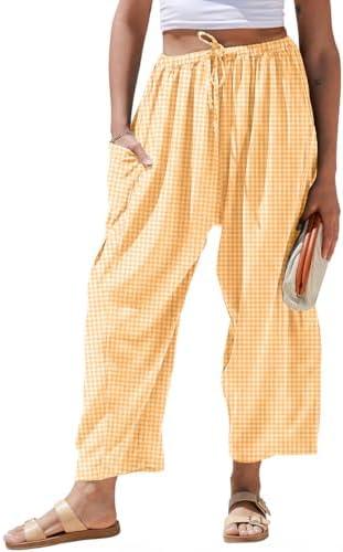 TARSE Womens Linen Wide Leg Striped Pants Casual Barrel Palazzo Harem Pants Gingham Pants, Loose Fit Drawstring Baggy Pants, Side Pockets, Lounge Pants, Beach Travel Vacation Trousers, Small