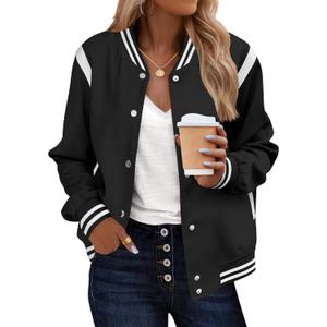 Zeagoo Bomber Jacket Women Varsity Casual Button Down Lightweight 2026 Spring Fashion Short School Outfits with Pockets (Black, M)