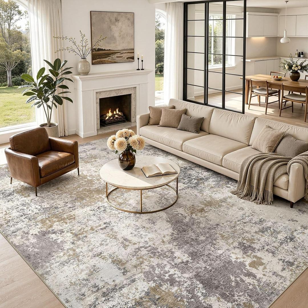Nakagishi 12X15 Abstract Washable Area Rugs for Living Room-Brown Grey
