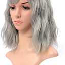 VCKOVCKO Ombre Color Natural Wavy Wig With Air Bangs Black to Gray Colorful Short Bob Wigs for Women's Shoulder Length Wigs Curly Wavy Cosplay Wig Bob Wig for Girls(12",Black-Gray)