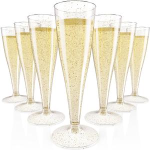 JOLLY CHEF 100 Pack Plastic Champagne Flutes Disposable 4.5 oz Gold Glitter Plastic Champagne Glasses for Wedding, Thanksgiving Day, Christmas