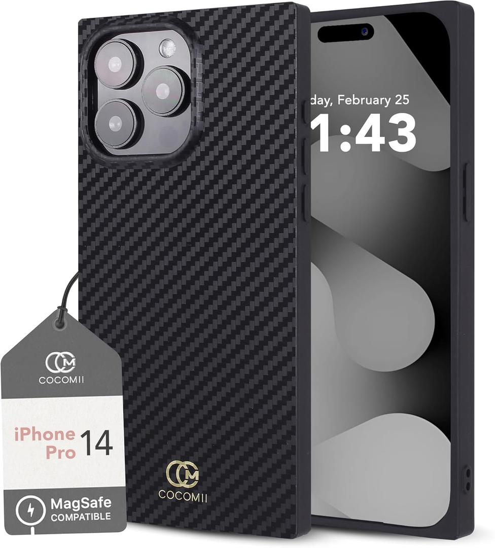 Cocomii - Rectangle Case Compatible with iPhone 14 Pro - Compatible with MagSafe, Carbon Fiber Texture, Aramid Pattern, Glossy, Magnetic Phone Case for iPhone 14 Pro 6.1 inch, Black