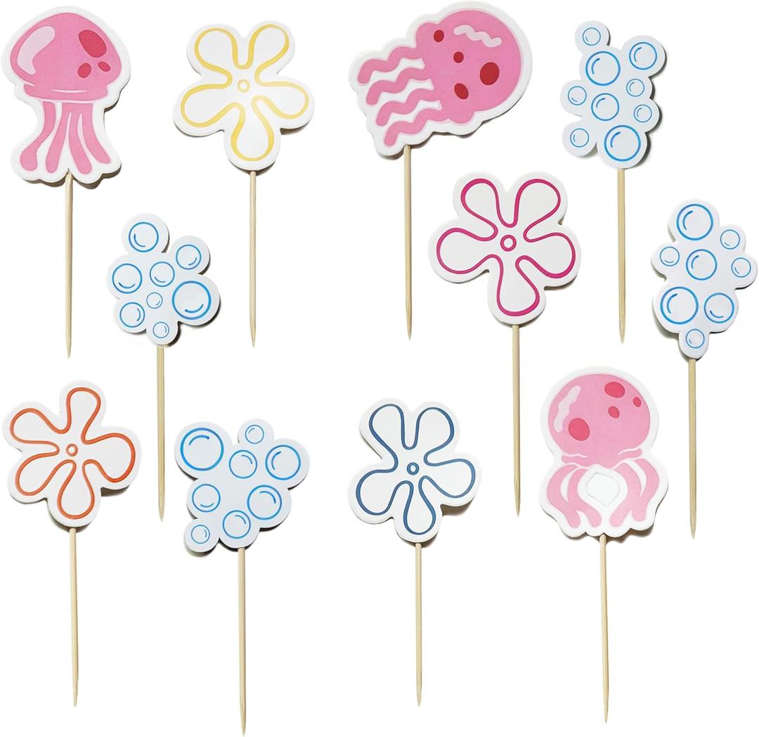 24 PCS Jellyfish Bubbles Flowers Cupcake Toppers Under The Sea Bottom Theme Cake Decorations for Wedding Bridal Baby Shower Birthday Party