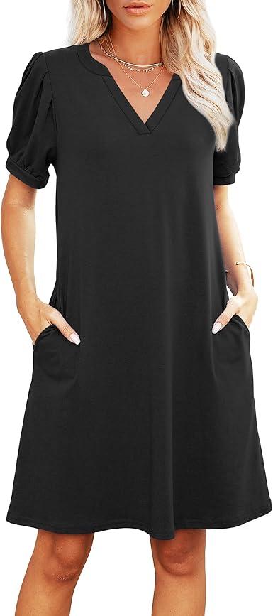 RUMIA V-Neck Summer Casual Sundress for Women- Puff Short Sleeve Swing Beach Dress with Pockets (Black, XL)