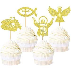 Ercadio 24 Pack Jesus Cupcake Toppers Gold Glitter Fish Bread Last Dinner Cupcake Picks Baptism Cross Cupcake Toppers Christian Religious Theme Party Baby Shower Birthday Cake Supplies