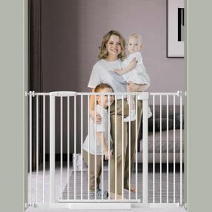DEARBB Extra Wide Baby Gate Ultra Narrow Spacing 30.11-77.36" Pressure Mounted Double Lock Swing Auto Close Walk Through Metal Safety Pet Gate for Stairs and House Doorway Kitchen (34.05"-45.86", White)