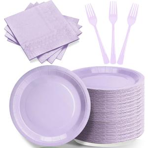 Lavender Party Plates and Napkins, Include 7 Disposable Light Purple Paper Dessert Plate Napkins Forks Party Supplies for Birthday, Baby Shower, Wedding, Picnics Party Decorations for Serves 50