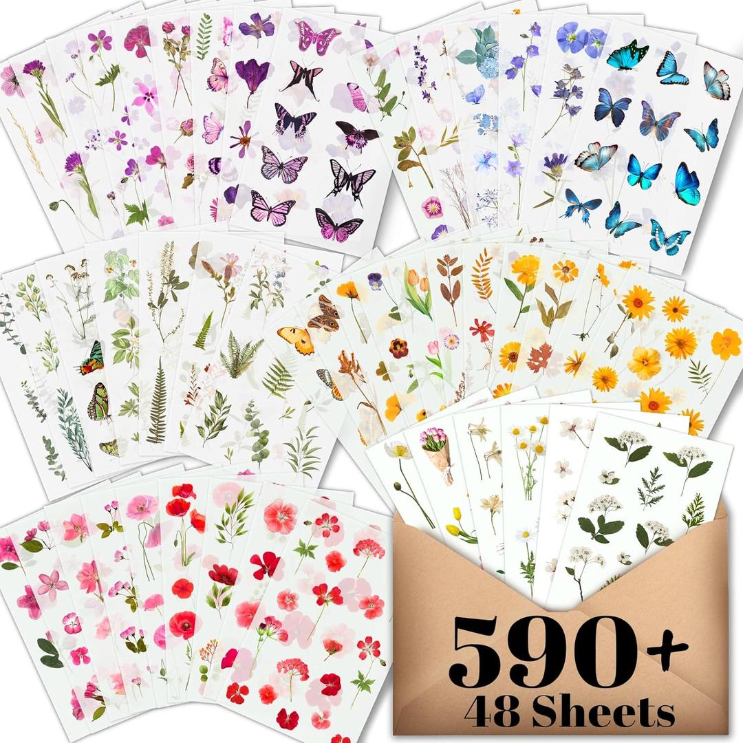 Arme Flower Stickers for Scrapbooking(590 Pieces, 48 Sheets),Decorative Floral Stickers, Small Flower Sticker for Adults, Pressed Flowers Sticker's Pack, Colorful Wildflower Sticker for Scrapbooking