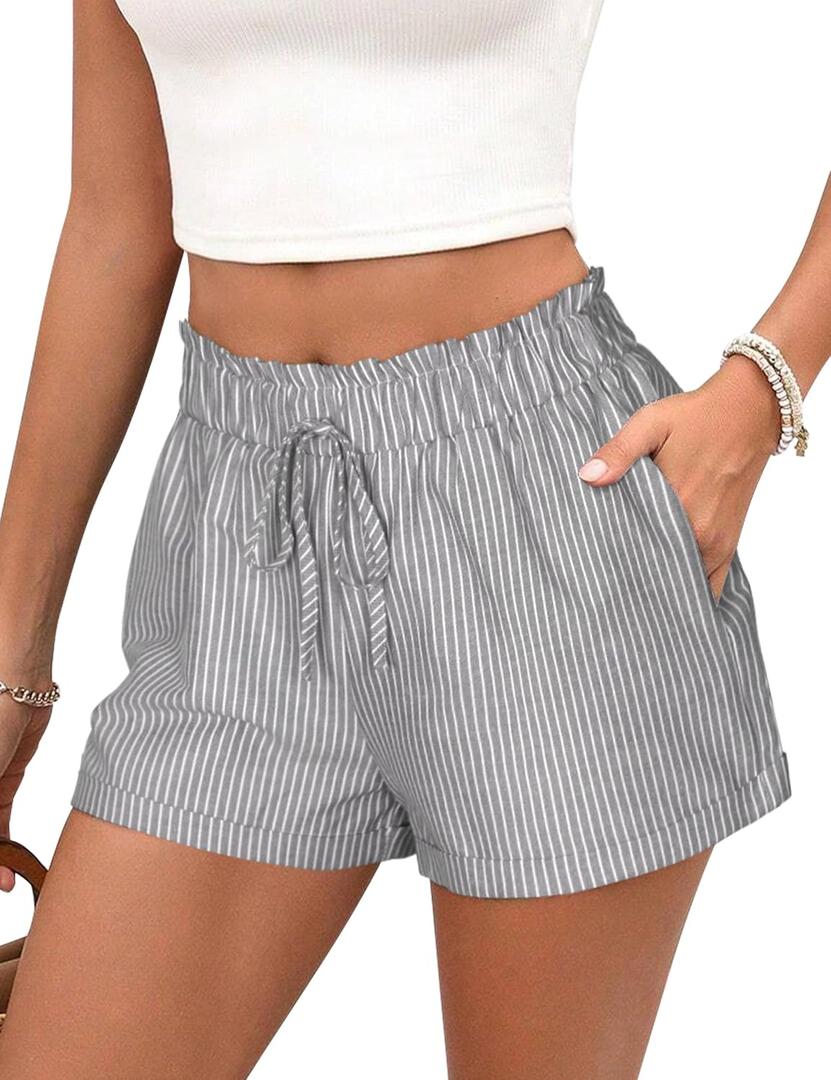 Shorts for Women Striped Elastic High Waisted Shorts Women Casual Trendy Summer Womens Shorts with Pockets (X-Large, Grey)