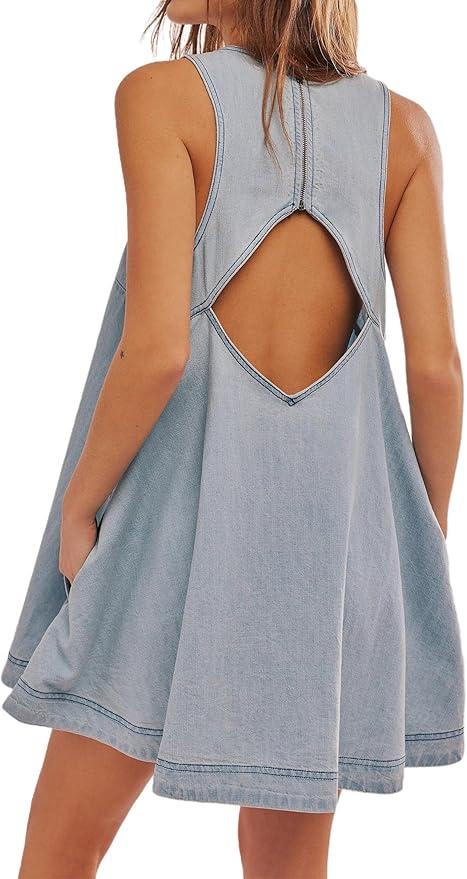 Women’s Denim Dress Summer Casual Sleeveless Jean Mini Dresses with Pockets,L