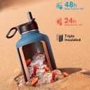 Half Gallon Water Bottle Insulated with Straw & 3 Lids, Coolflask 64 oz Water Jug Large Metal Stainless Steel Wide Mouth for Sports, Gym or Office, Non-BPA Keep Cold 48H Hot 24H, Samurai Cyan