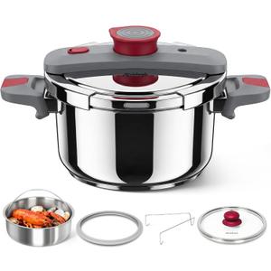 MICHELANGELO Stovetop Pressure Cooker Stainless Steel, 4.2 qt, 304 Stainless Steel, 6-Fold Safety System, One-Hand Easy-Open Lid, 2 Pressure Settings, Steamer Basket & Glass Lid, Induction Compatible