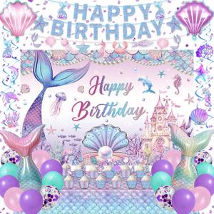 Mermaid Birthday Decorations, Mermaid Party Decorations, Balloons Cake Topper Tablecloth Banner Backdrop Party Decor Supplies, Mermaid Theme Birthday Decorations for Girls Under the Sea Happy Bday
