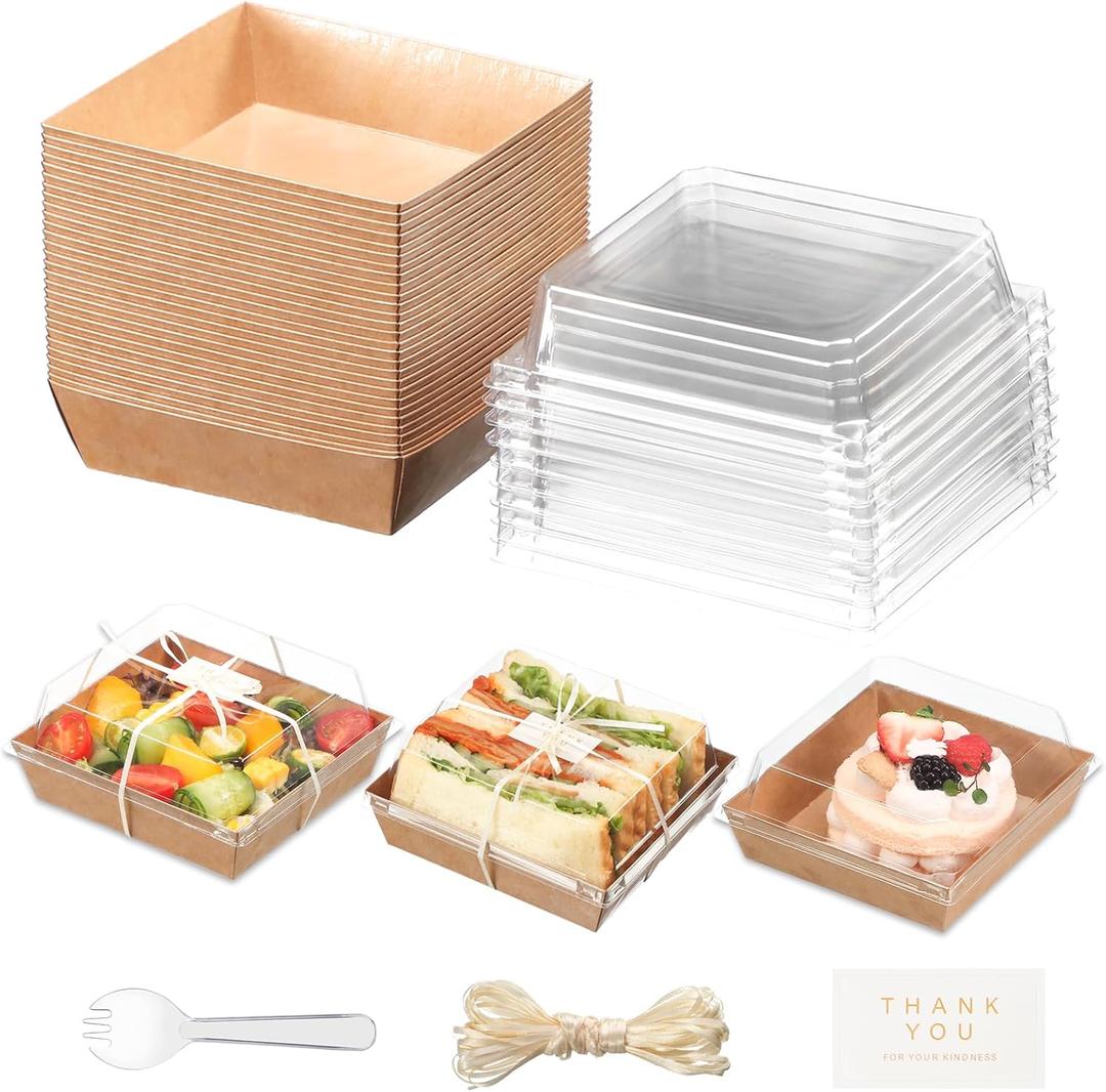 Charcuterie Boxes with Clear Lids and Ribbon- Disposable Paper Food Containers for Desserts, Boxes for Sandwich, Cookie, Cake Slice, Fruit, Salad, Perfect for Bakery Treats, (Brown, 100pcs-5.3*4.9*2.5 in)