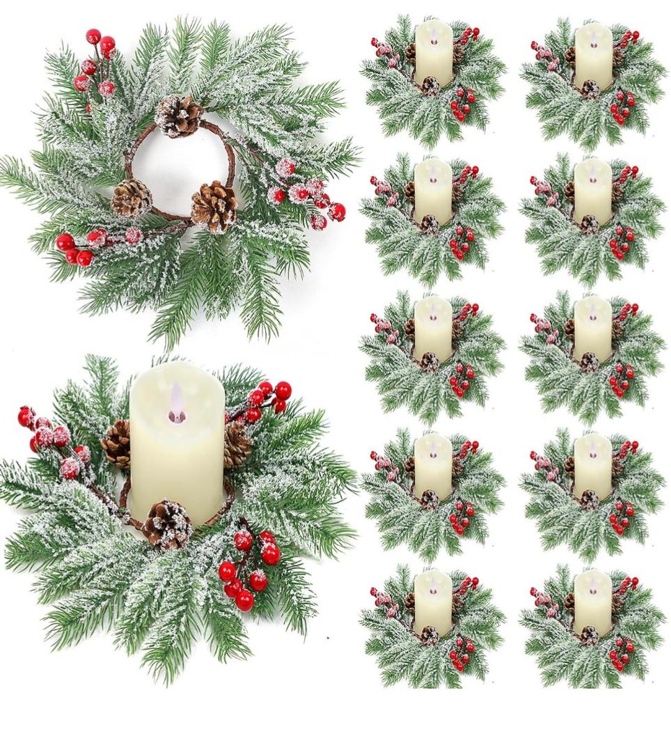 Christmas Candle Rings - Set of 12 Artificial Red Berries and Pinecones Candle Rings 10 Inch Xmas Candle Wreaths for Christmas Thanksgiving Kitchen Window Table Centerpieces