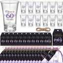 Pickmesh 50 Sets Black Purple Birthday Party Favors for Guests Souvenir Multicolor 60 Years Old Gift Bulk Acrylic Clear 1.2oz Shot Glasses with Thank You Cards and Gift Bags, 40/50/60/70th Birthday