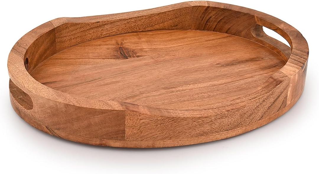 Tray Acacia Wood Oval Large Tray with Handle Food Serving Trays for Living Room Home Dining Table (14" X 11" X 2")