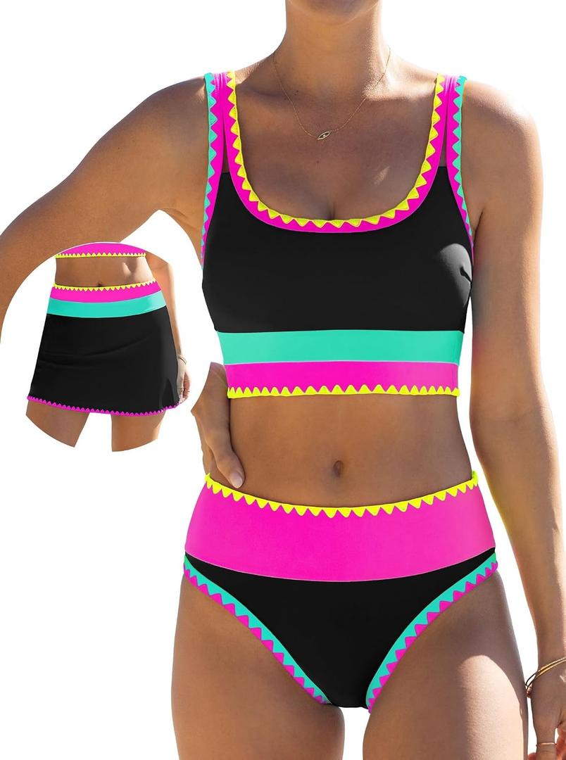 popvil High Waisted Bikini Sets for Women Tummy Control Swimsuits 3 Piece Bathing Suits Neon Swimwear with Skirt 2026, Black Large