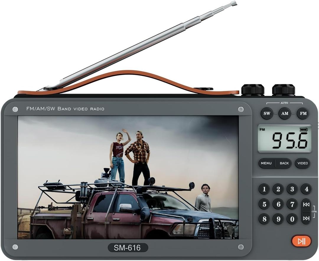 720P 7Inch Screen AM FM Movie Video Radio with Bluetooth Speaker, Rechargeable Digital Shortwave MP3 MP4 Player Radio, Support USB/Micro SD Card, Loud Speaker and Headphone Jack (NO TV) (Grey)