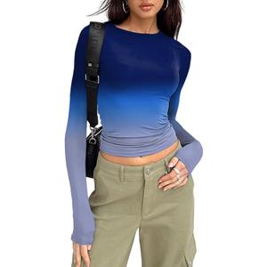 Hafailia Long Sleeve Shirts for Women - Casual Y2K Basic Tops Crewneck Slim Fit Tshirt Tees Blue Purple L