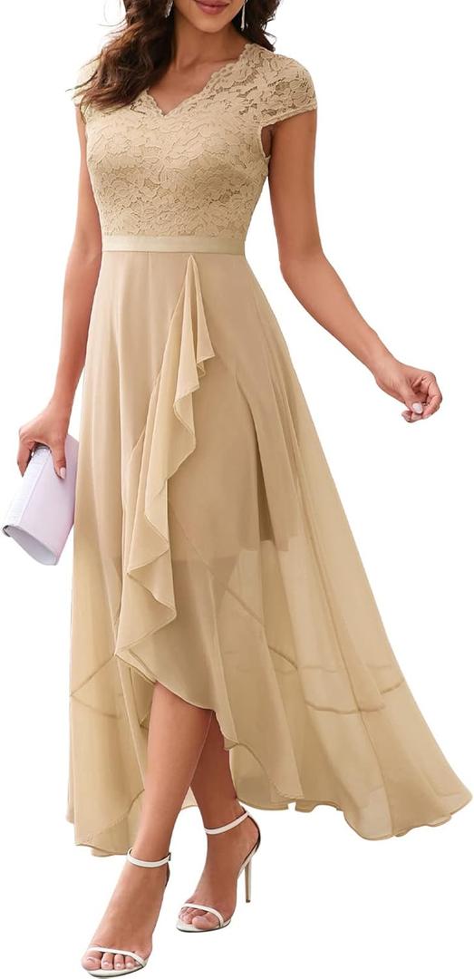 Bbonlinedress Women's V-Neck Dress for Women Wedding Guest Hi-Lo Floral Lace Prom Cocktail Party Formal Bridesmaid Dress (Large, Champagne)
