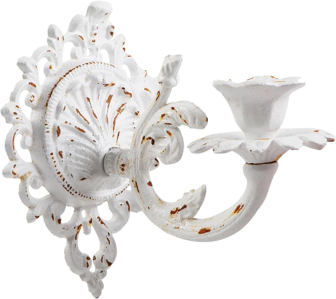 Polifish Distressed White Wall Candle Holder, Vintage Taper Candle Wall Sconce, Cast Iron Candlestick Holders Decor for Living Room, Fireplace and Yard Channel (1 Pack)