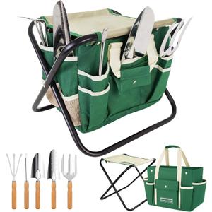 GardenHOME 7-Piece Green Gardening Tool Set Stainless Steel Tools with Wooden Handles, Folding Stool & Canvas Tote, Durable Garden Kit for Every Gardener