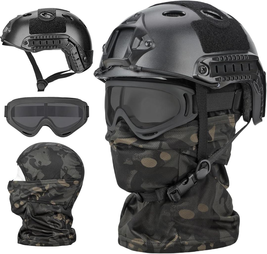 Airsoft Helmet,Black Tactical Helmet,Airsoft Mask Mesh,Elastic Balaclava Mask, Anti Fog Airsoft Goggles, Tactical Full Face Protection, Airsoft Accessories,Military Gear (PJ/A-MCBK)