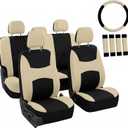 Automotive Seat Covers Beige Black Universal Fit Seat Cover Combo Set with Steering Wheel Cover and Seat Belt Pad (Airbag Compatible and Split Bench)