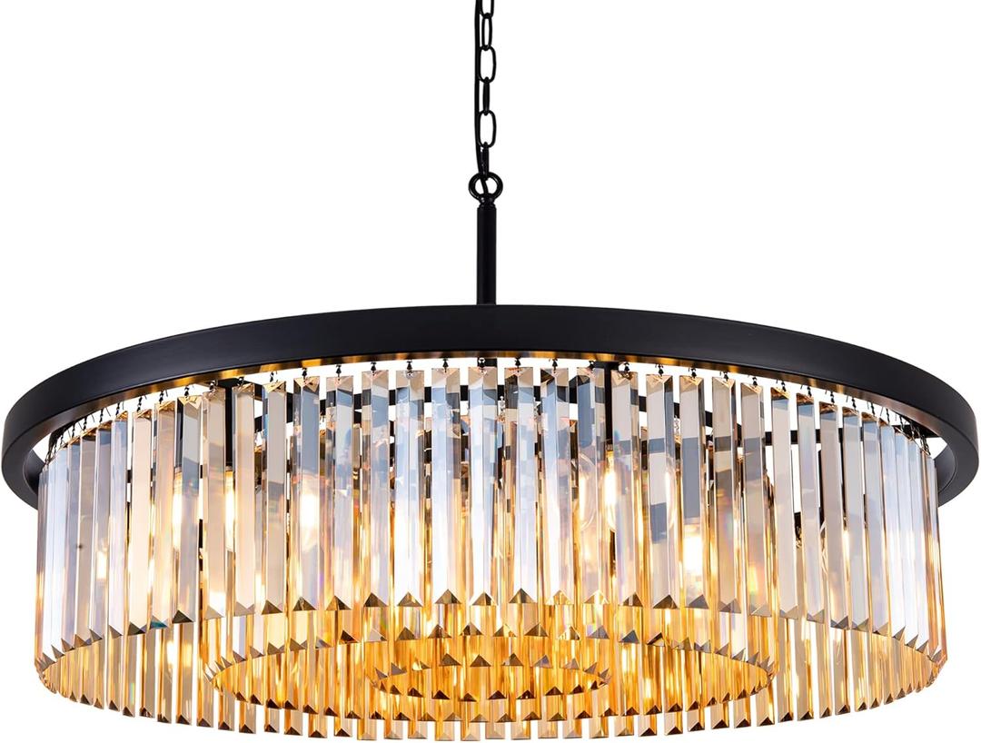 Wellmet Crystal Chandeliers for Dining Room,3 Tiers Black Farmhouse Chandelier for Bedrooms,9 Lights Modern Light Fixture for Kitchen Island,Living Room,Hallway,Golden Teak,W-33.46