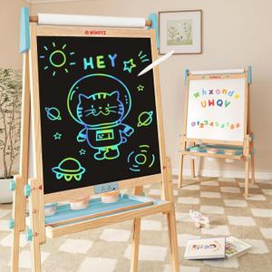 WINGYZ 24" LCD Easel for Kids, 3-in-1 Color Drawing Tablet with Blue Light-Free Screen, Whiteboard & Paper Roll, Adjustable Wooden Art Station for Ages 2-12, Mess-Free Creative Gift for Home & School