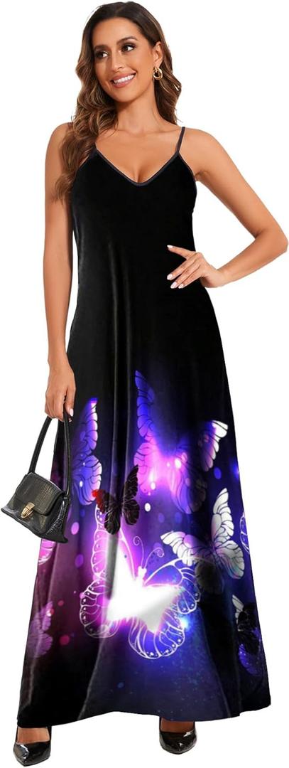 Women's Maxi Sunflower Dresses Sleeveless Long Tie Dye Dress Casual Sundresses with Pockets, Large