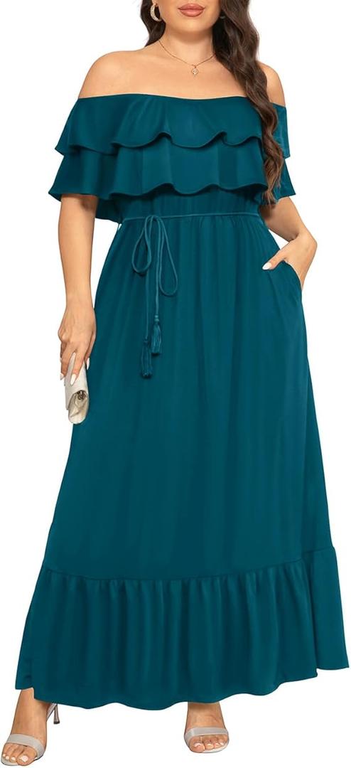 Plus Size Off The Shoulder Maxi Long Casual Layered Ruffle Beach Sundress Women Pocket 2024 Teal 18 Plus