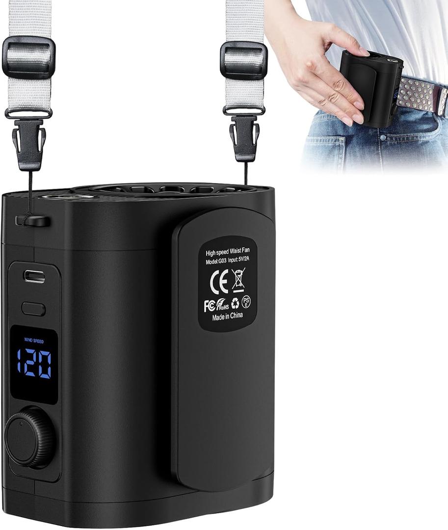 Hurdaos Portable Waist Fan for Outdoor Work, Wearable Hands Free Belt Fan 120 Speeds Strong Airflow, 10000mAh Rechargeable Personal Cooling Fan for Construction, Warehouse & Hot Weather